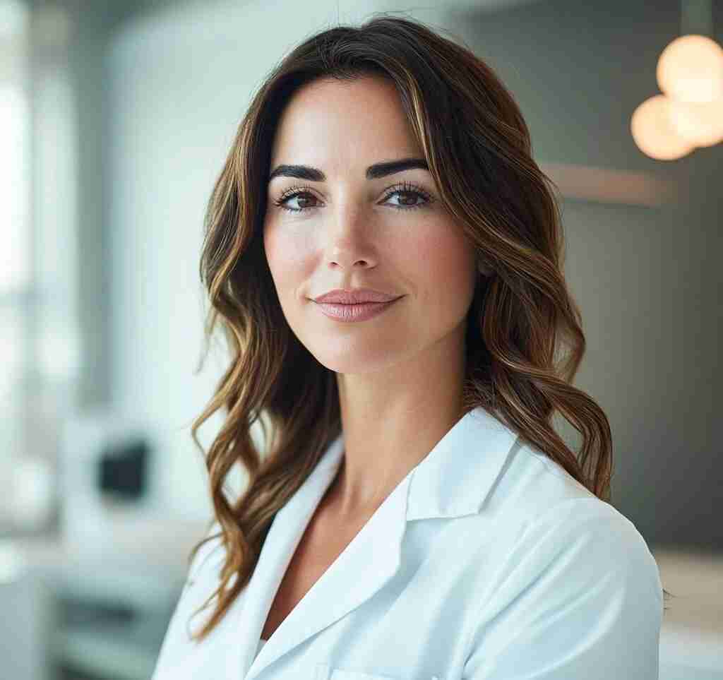 Portrait of a smiling woman with wavy brown hair in a white coat, in a bright clinical setting, looking at the camera