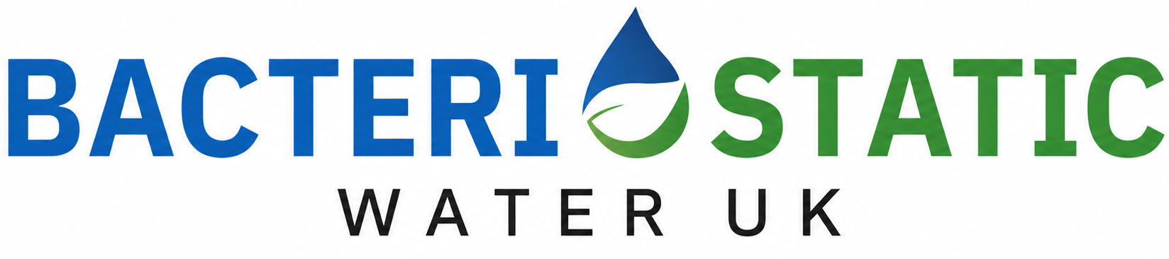 Bacteriostatic Water UK logo with blue 'BACTERIO' and green 'STATIC' and a blue-green water drop icon above 'WATER UK'.